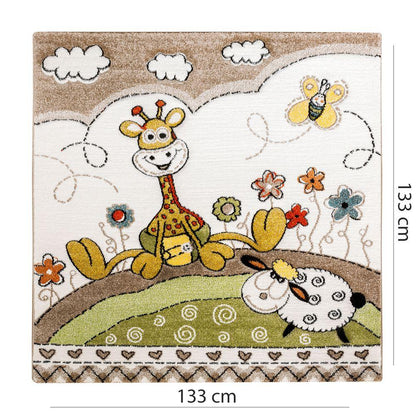 Kid's Rug Nursery Baby Giraffe & Sheep in Beige Cream Contour Cut - RugYourHome