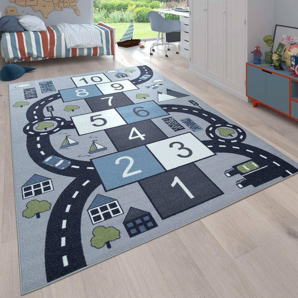 Kids Play Rug for Nursery Hopscotch Streets in Grey Blue - RugYourHome