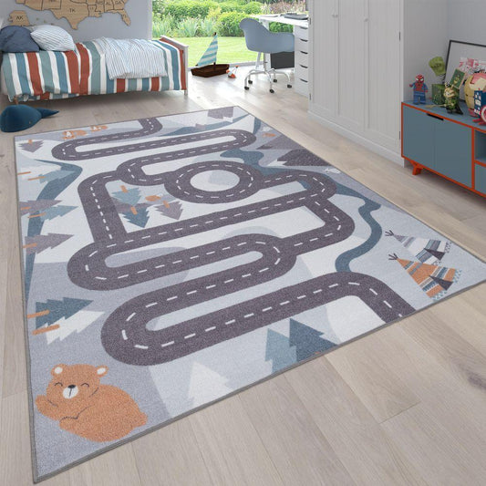 Kids Play Rug For Nursery Road With Forest Animals grey blue - RugYourHome