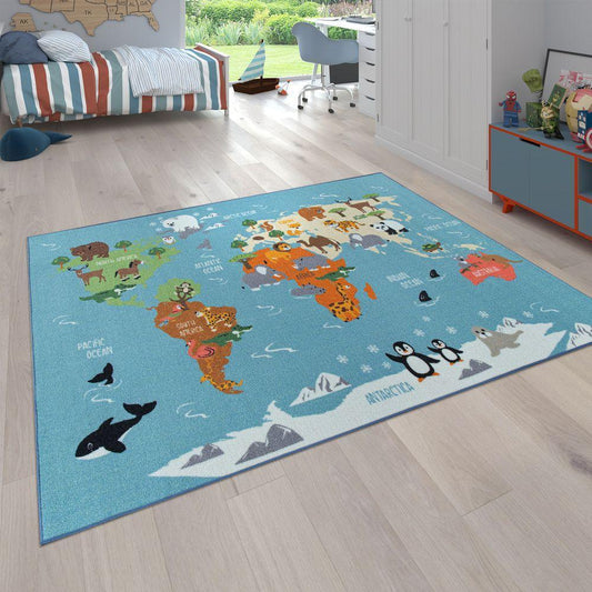 Kids Play Rug for Nursery World map with Animals in blue - RugYourHome