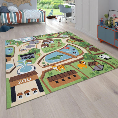 Kids Play Rug for Nursery Zoo Animals green brown colorful - RugYourHome