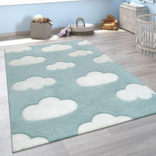 Kids Room Rug Cosmo with Clouds in Pastel Blue White - RugYourHome
