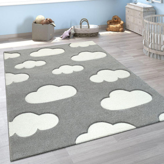 Kids Room Rug Cosmo with Clouds in Pastel Grey White - RugYourHome