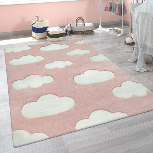 Kids Room Rug Cosmo with Clouds in Pastel Pink White - RugYourHome