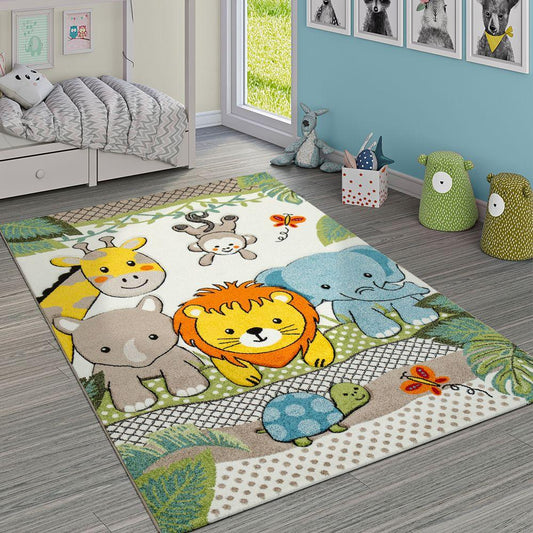 Kids Room Rug Cute Zoo Animals Jungle Lion and Elephants in 3D Effect colorful - RugYourHome
