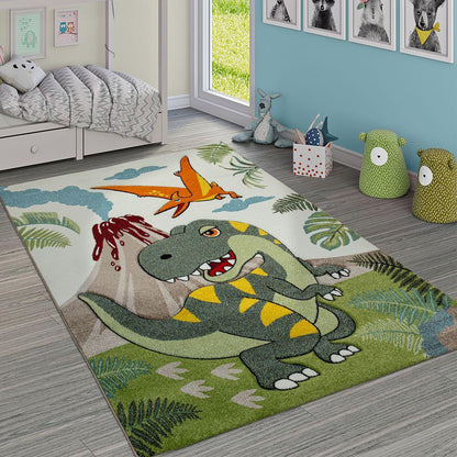 Kids Room Rug Dinosaur Jungle Volcano 3D in Green 4'7 x 6'7