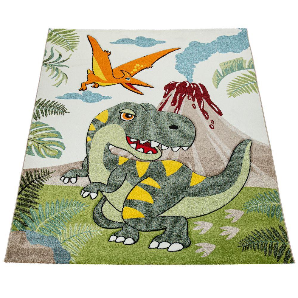 Kids Room Rug Dinosaur Jungle Volcano 3D in Green - RugYourHome