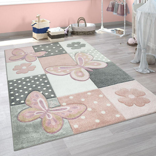 Kids Room Rug Pink Butterflies and Check Pattern - RugYourHome