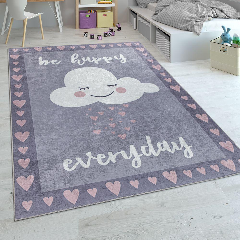 Kids Rug Cloud and Hearts for Nursery in Grey Pink - RugYourHome