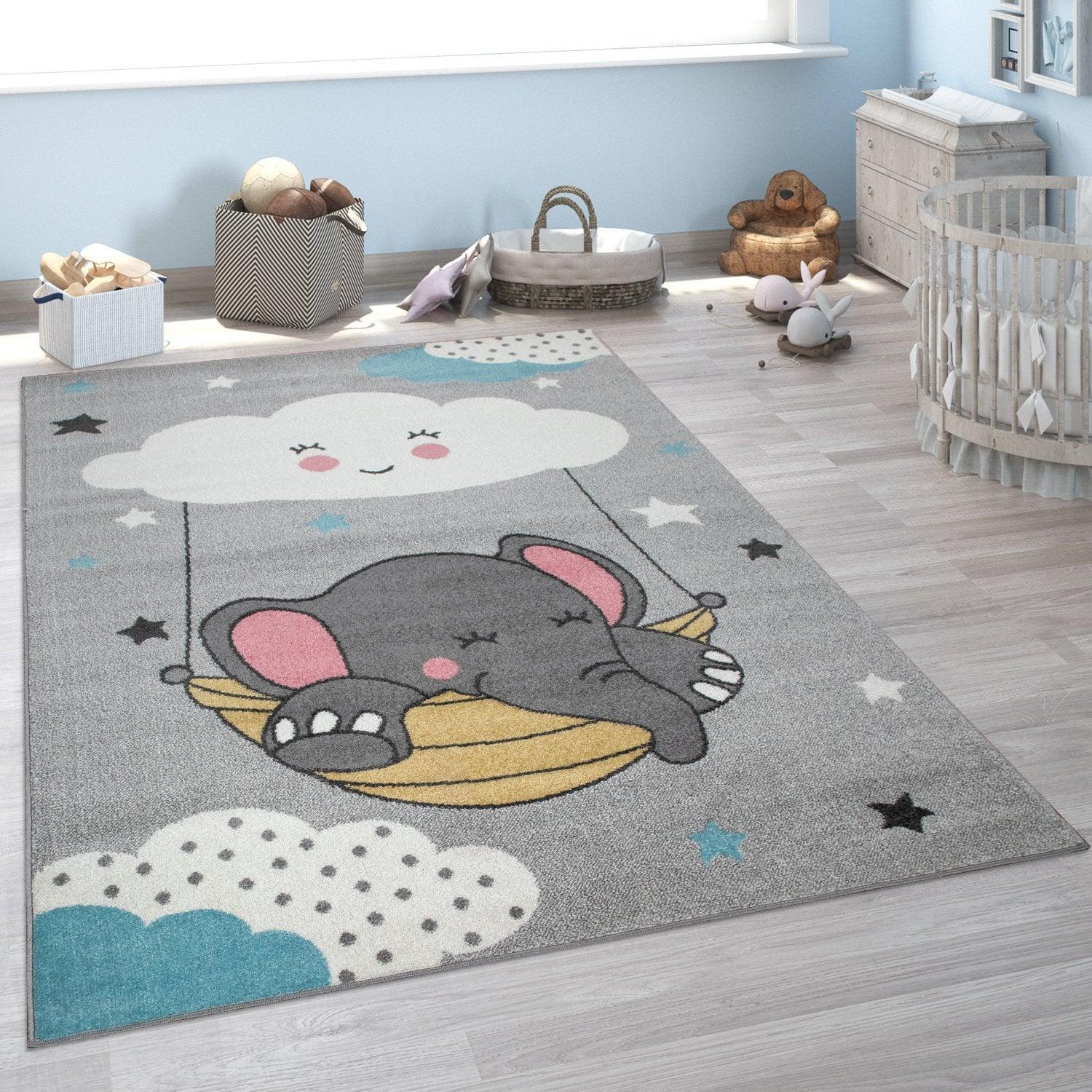 Kids Rug Cute Elephant and Cloud for Nursery in Grey - RugYourHome