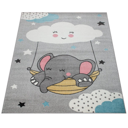 Kids Rug Cute Elephant and Cloud for Nursery in Grey - RugYourHome