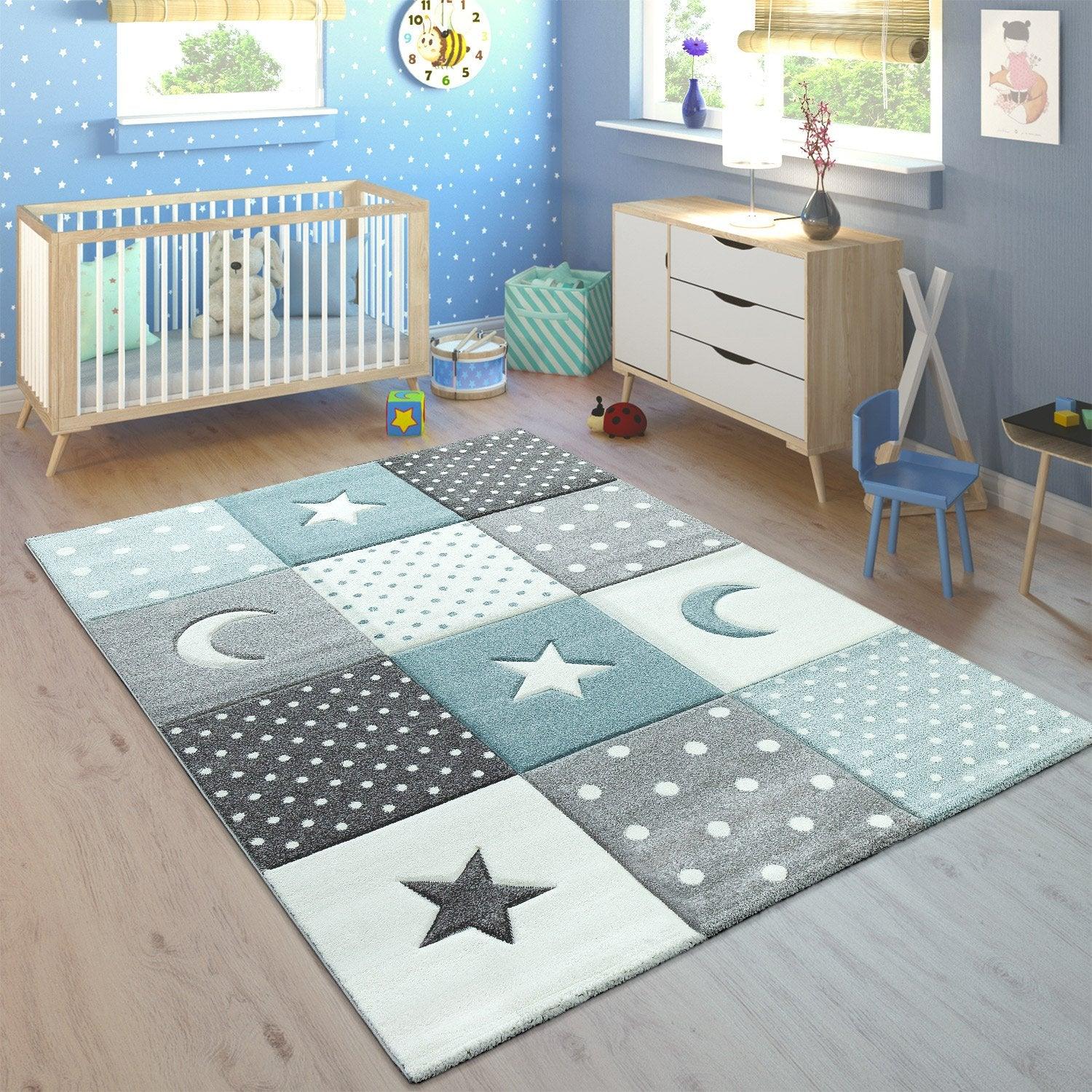 Kids Rug Dots Hearts Stars Checked White Blue Pastel - RugYourHome