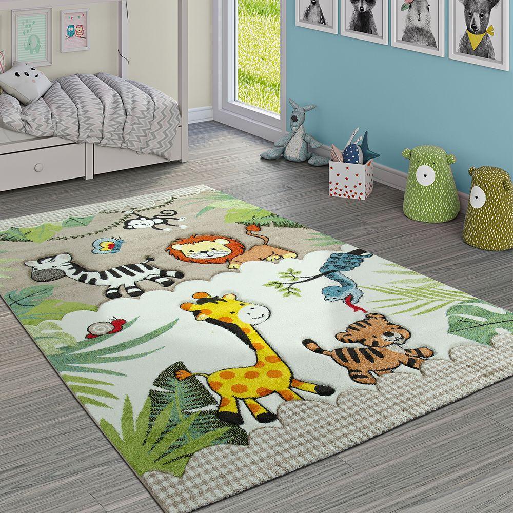 Kids Rug Jungle Animals Giraffe Lion Tiger Zebra Beige Cream - RugYourHome