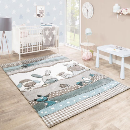 Kids Rug Nursery Contour Cut Farm Animals Beige Cream Pastel - RugYourHome