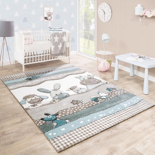 Kids Rug Nursery Contour Cut Farm Animals Beige Cream Pastel - RugYourHome