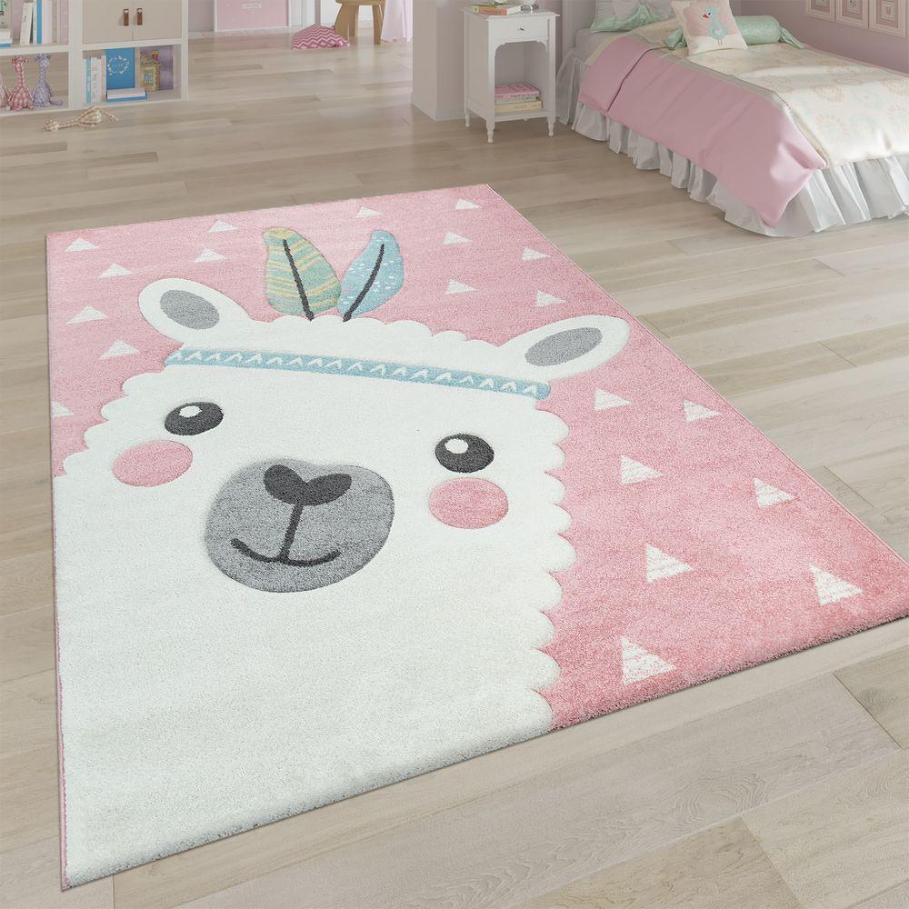 Kids Rug Nursery Cute Alpaca 3D Pink White Pastel - RugYourHome