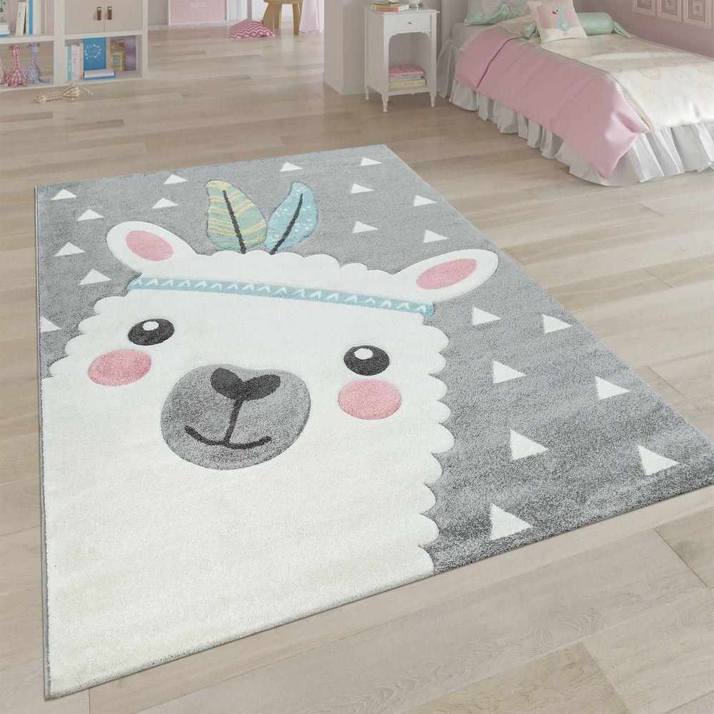 Kids Rug Nursery Cute Alpaca 3D White Grey Pastel - RugYourHome