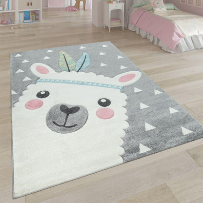 Kids Rug Nursery Cute Alpaca 3D White Grey Pastel - RugYourHome