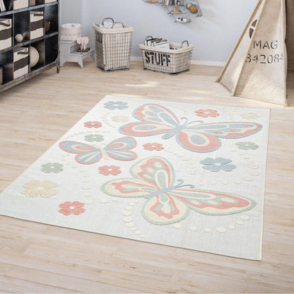 Kids Rug Tweet Colorful Playmat with Butterflies & Flowers in Beige - RugYourHome