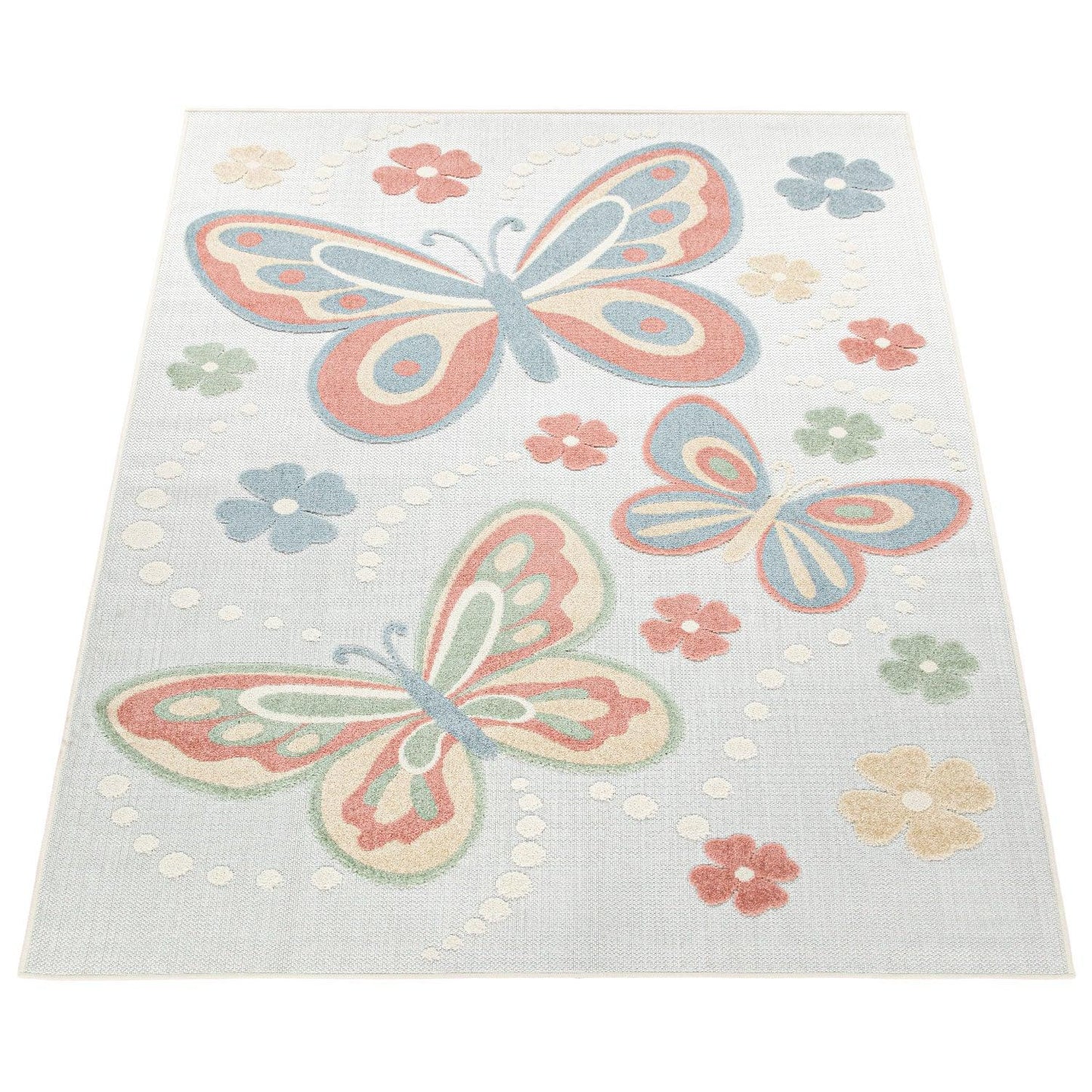 Kids Rug Tweet Colorful Playmat with Butterflies & Flowers in Beige - RugYourHome