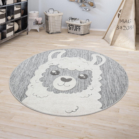 Kids Rug Tweet Round Play Mat Llama Motif in Mottled Grey - RugYourHome