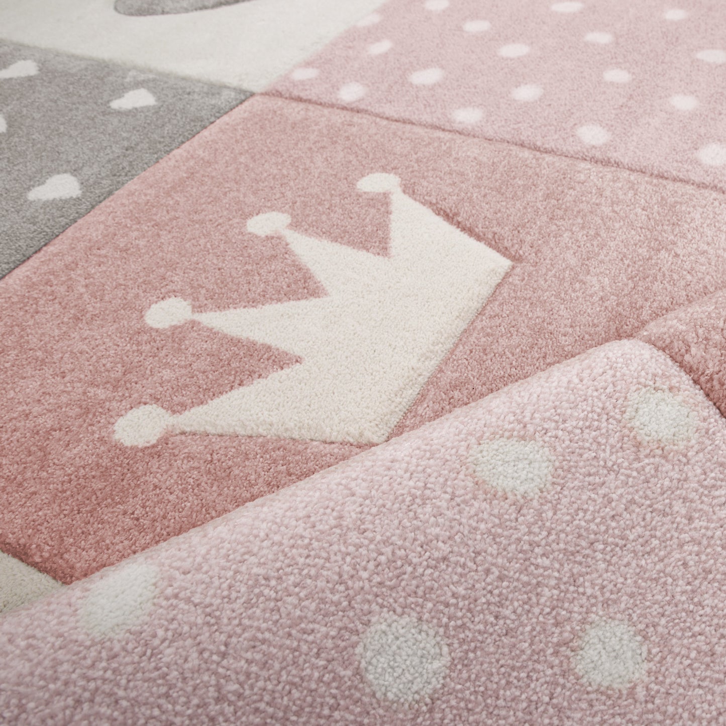 Kids Rug Dots Hearts Crowns Checked White Pink Pastel