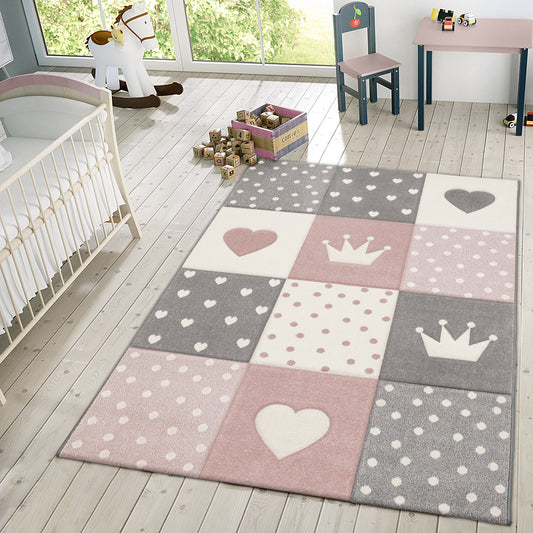 Kids Rug Dots Hearts Crowns Checked White Pink Pastel