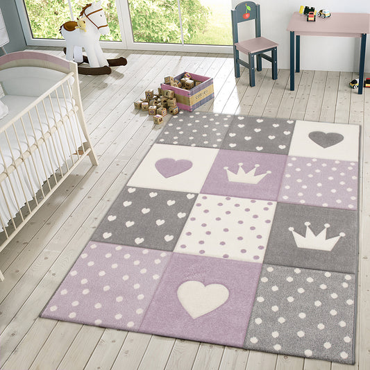 Nursery Rug Kids Checked Dots Hearts Crowns in Pastel Purple Grey