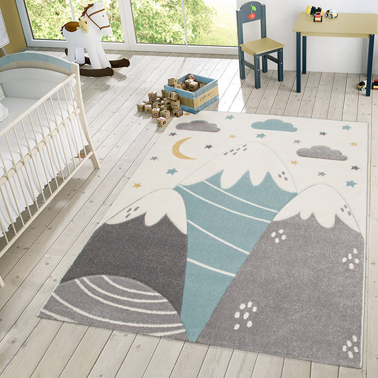 Kids Rug Cosmo for Nursery with Mountains in Pastel Blue White