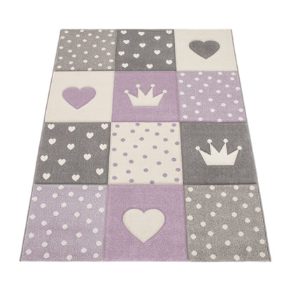 Nursery Rug Kids Checked Dots Hearts Crowns in Pastel Purple Grey