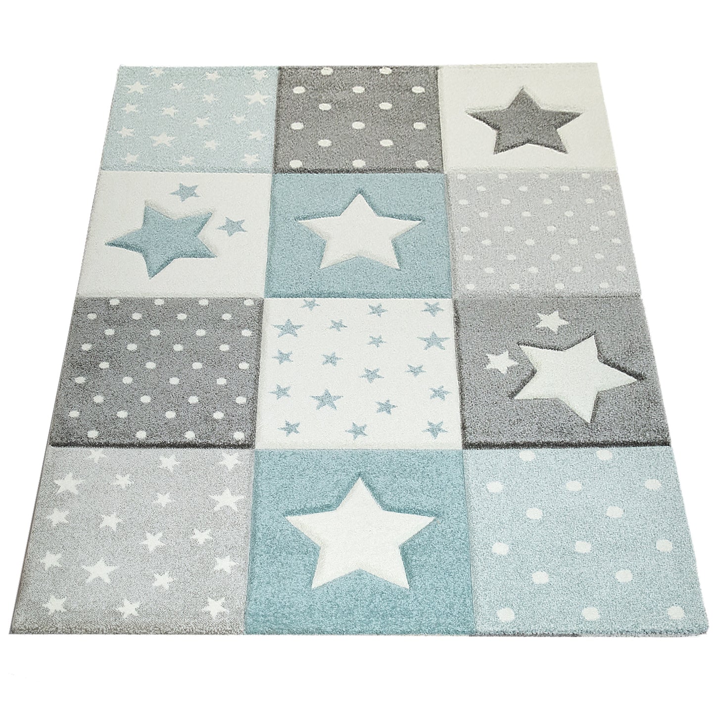 Nursery Rug Cosmo Checkered with Stars in Pastel Blue White