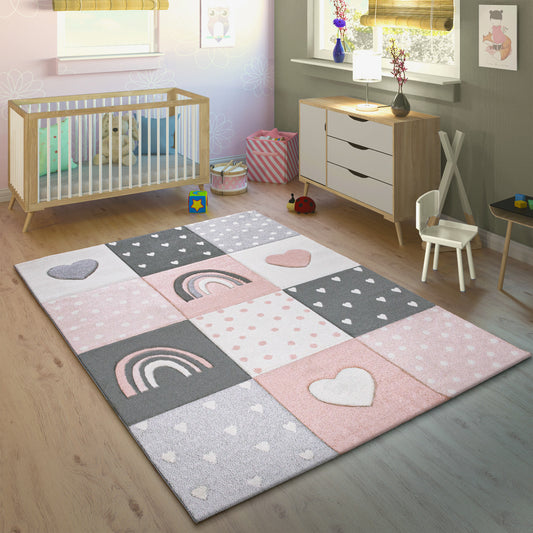 Kids Rug Cosmo Checkered with Rainbows & Hearts - Pink White
