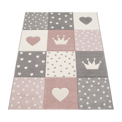 Kids Rug Dots Hearts Crowns Checked White Pink Pastel