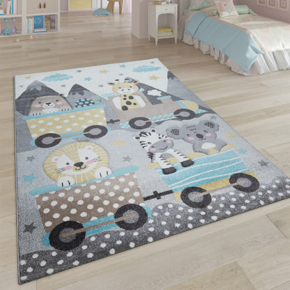 Kids Rug Elaya for Nursery Cute Animals on a Train in Pastel Grey