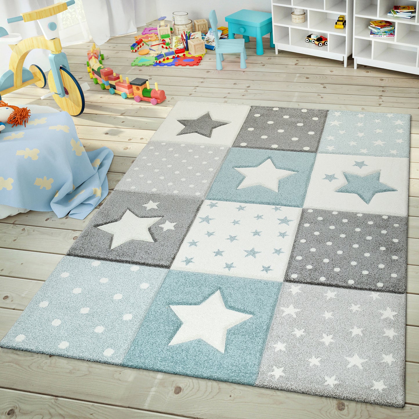 Nursery Rug Cosmo Checkered with Stars in Pastel Blue White