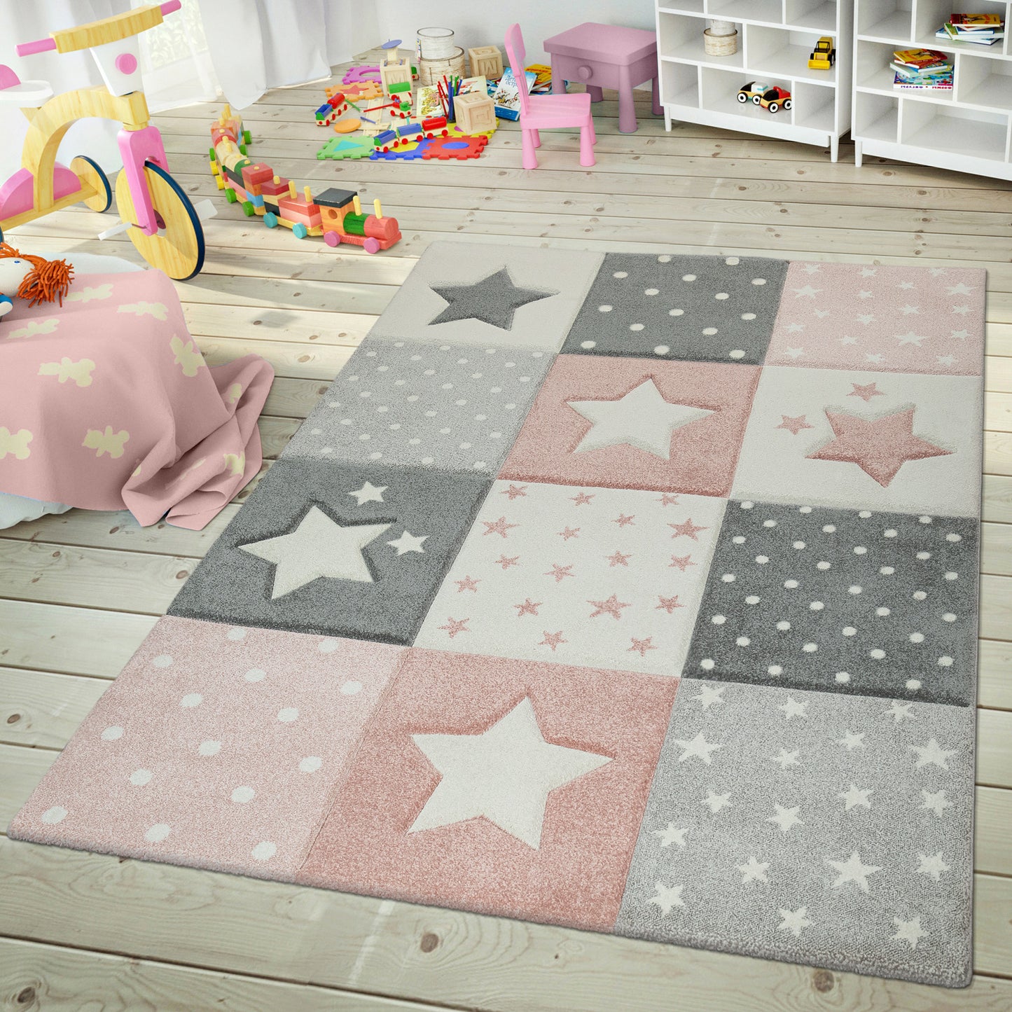 Nursery Rug Cosmo Checkered with Stars in Pastel Pink White