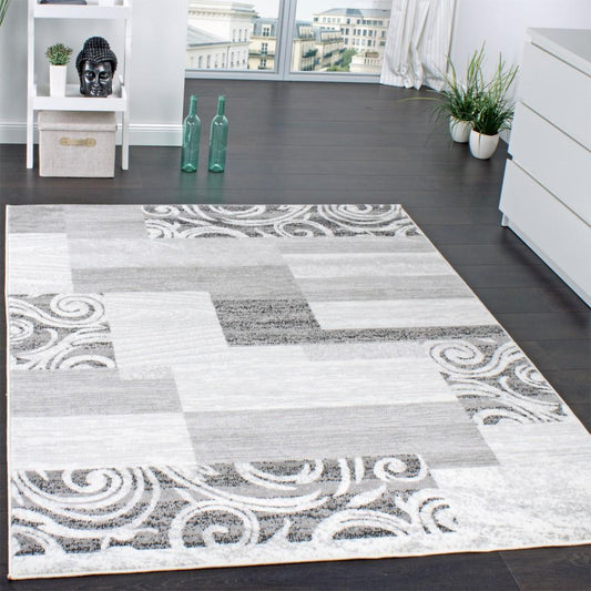 Living Room Rug Low-Pile in Grey White Cream - RugYourHome