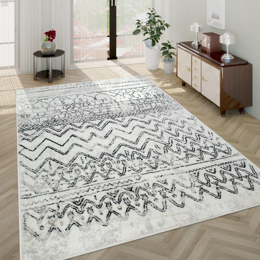 Living Room Rug with Scandi Pattern Low-Pile in Cream Grey - RugYourHome