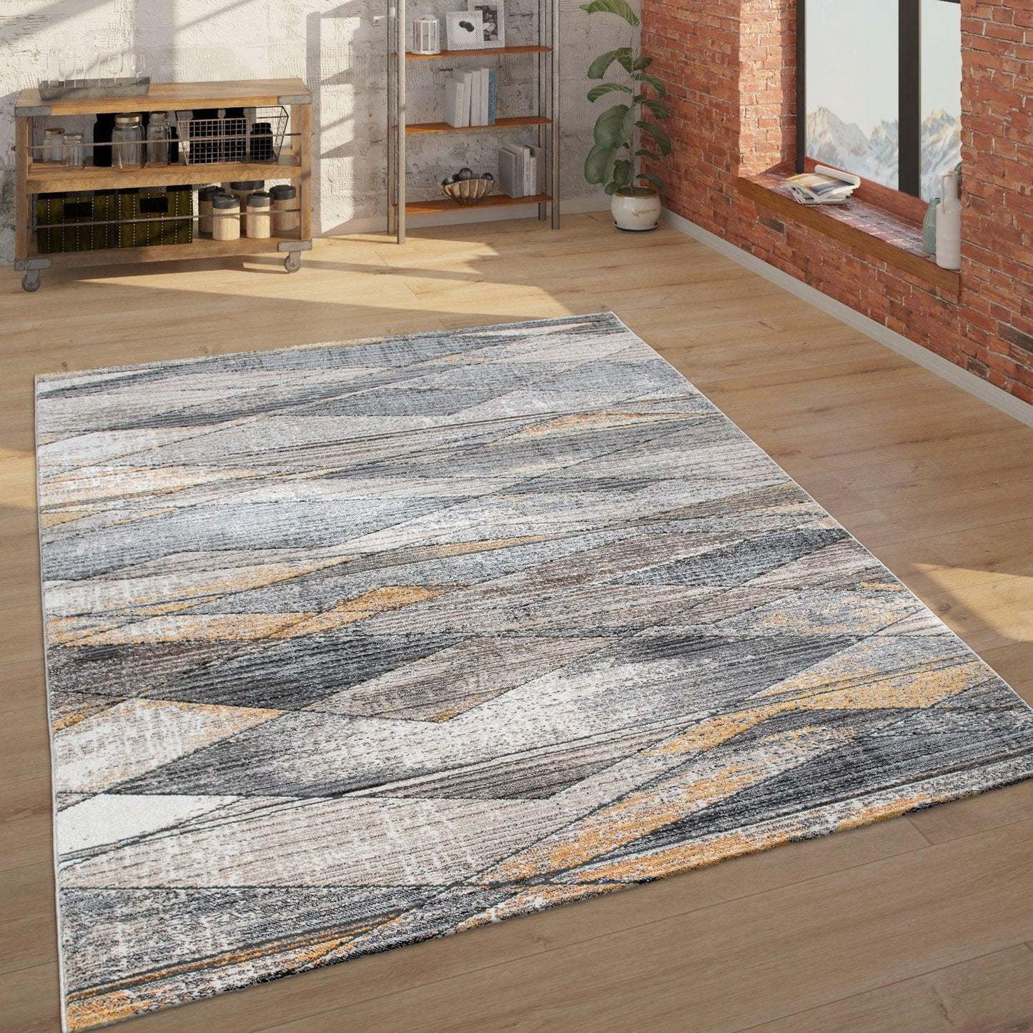 Modern Area Rug Abstract Design 3D Effect in Grey Yellow - RugYourHome