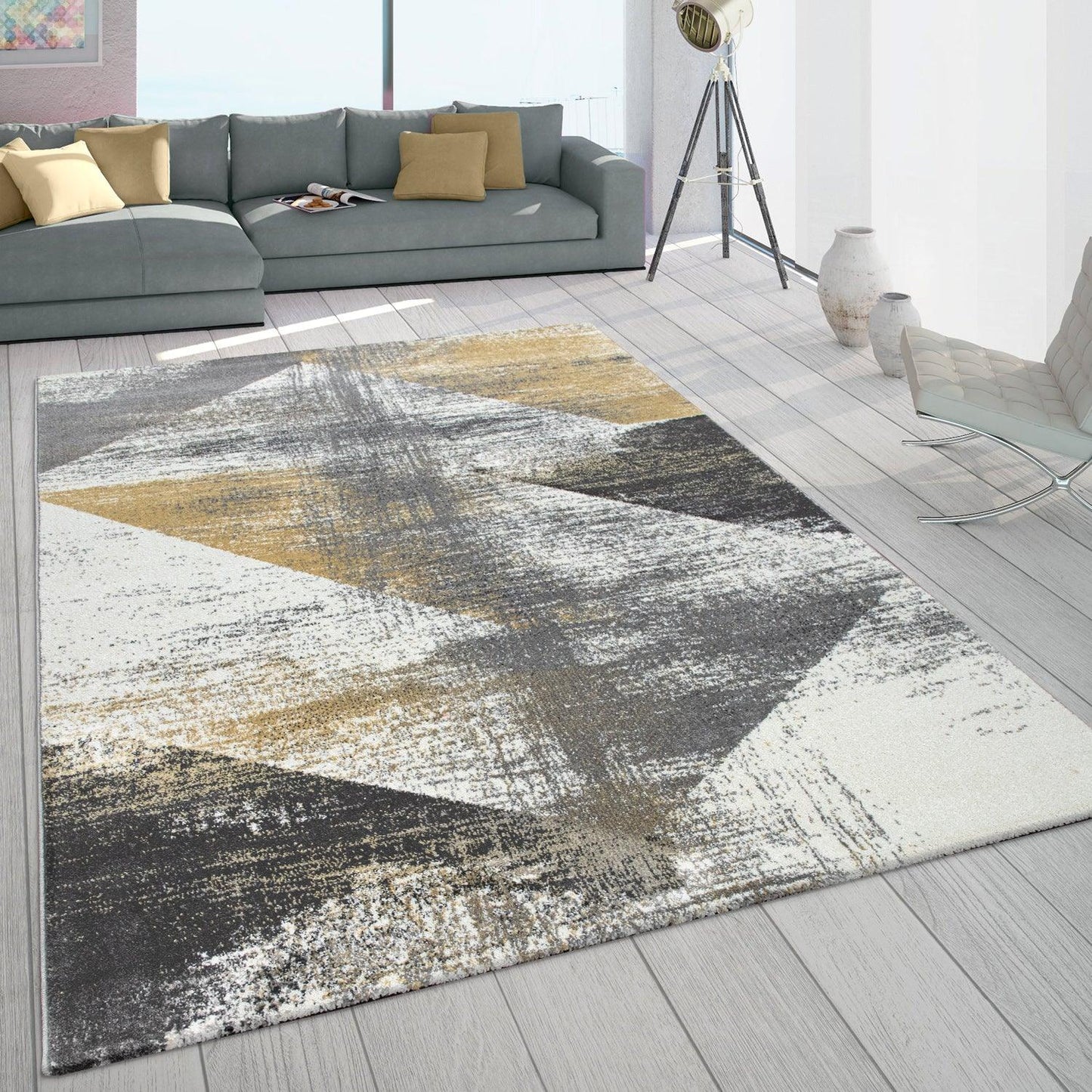 Modern Area Rug Mero Abstract Design - Grey White Yellow - RugYourHome