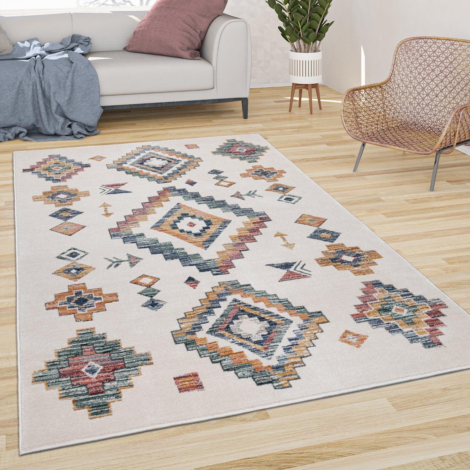 Modern Boho Rug with colorful Diamond Pattern in Cream - RugYourHome