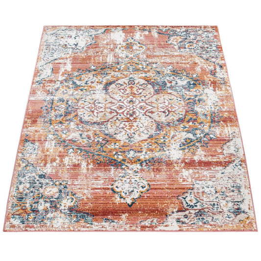 Modern Vintage Rug Oriental Look Abstract Red Blue White - RugYourHome