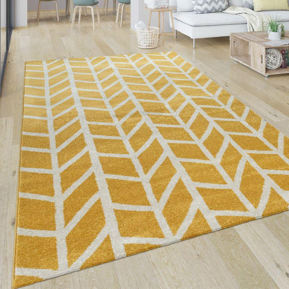 Modern Yellow Area Rug Geometric Chevron Pattern White Stripes - RugYourHome