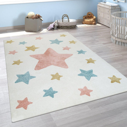 Nursery Rug for Kids Colorful Pastel Stars in Cream - RugYourHome