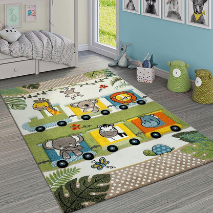 Nursery Rug for Kids Cute Jungle Animals Locomotive 3D Effect Green Cream - RugYourHome