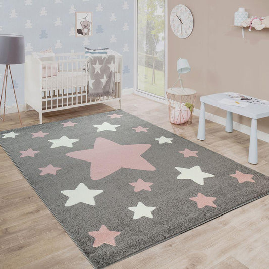 Nursery Rug for Kids in Grey with Pink White Pastel Stars - RugYourHome