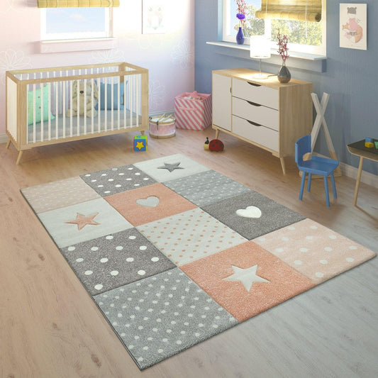 Nursery Rug Kids Checked Dots Hearts Stars in Pastel Apricot Grey - RugYourHome