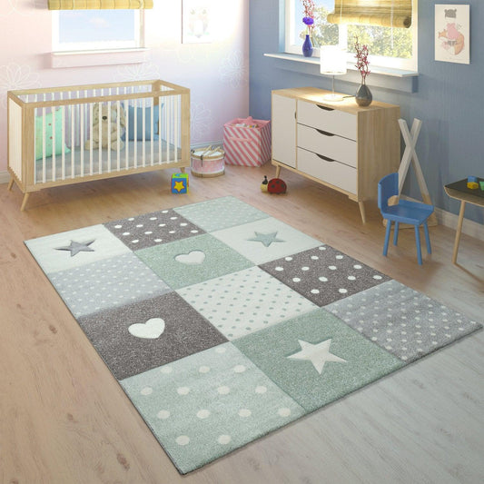 Nursery Rug Kids Checked Dots Hearts Stars in Pastel Green Grey - RugYourHome