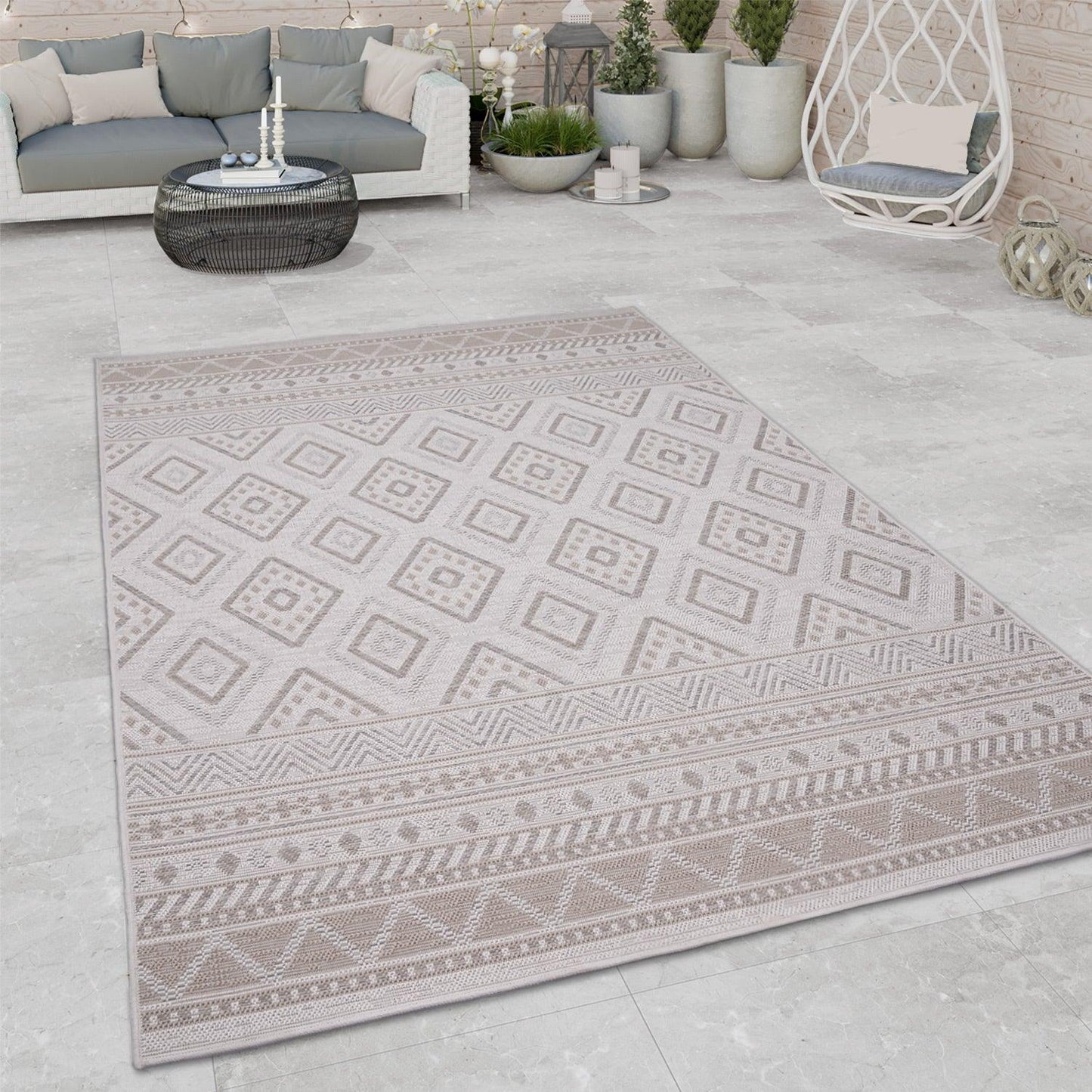 Outdoor Rug for Patio or Balcony Modern flatweave Boho Trellis in Cream Beige - RugYourHome
