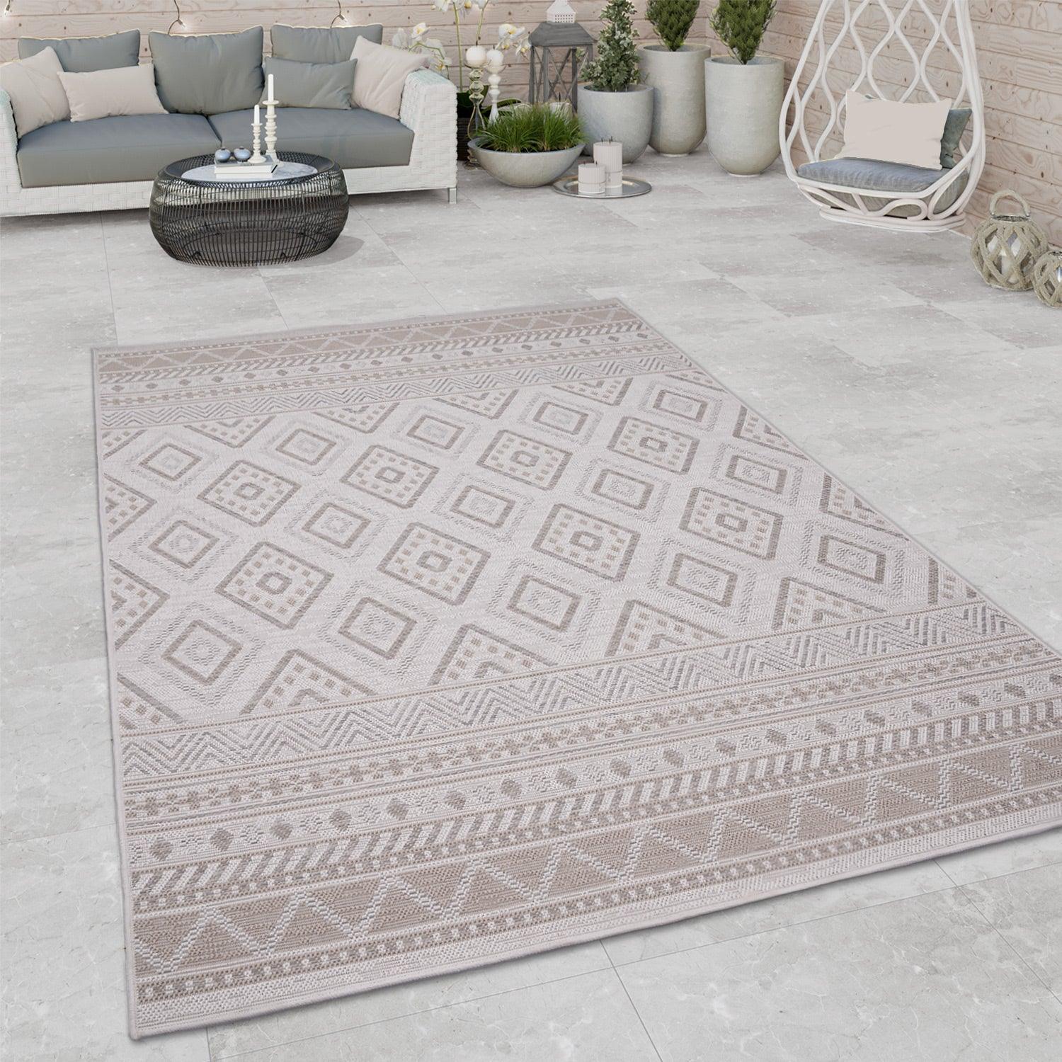 Outdoor Rug for Patio or Balcony Modern flatweave Boho Trellis in Cream Beige - RugYourHome